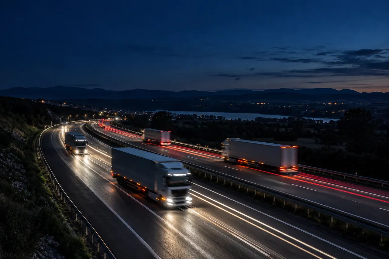 Estelas de luces de camiones sobre una autopista de noche.