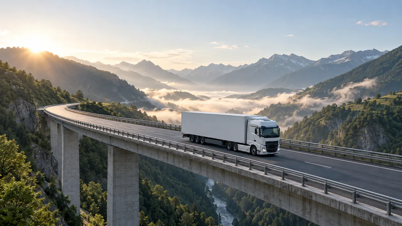 Un camión articulado cruza un viaducto entre montañas con la niebla de primera hora.